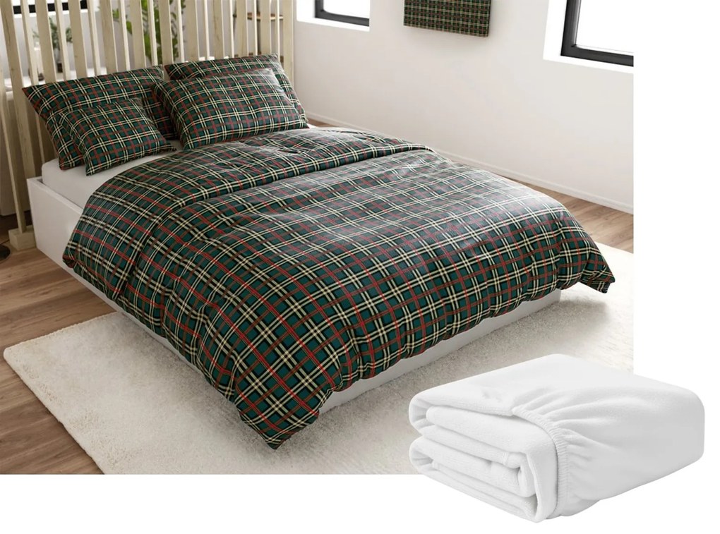 Set Lenjerie cocolino GLENMOORE verde + cearsaf Cocolino microplus cu elastic SOFT 180x200 cm alb, pat dublu