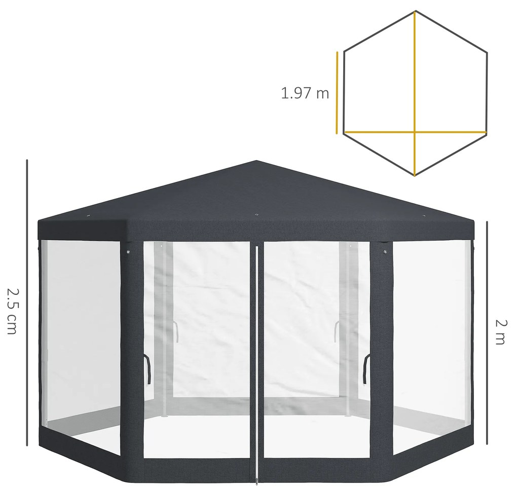 Outsunny Pavilion 4x4 m de Gradina Hexagonal cu Pereti din Plasa, 2 Usi si Picioare Reglabile, Pavilion din Metal si Poliester
