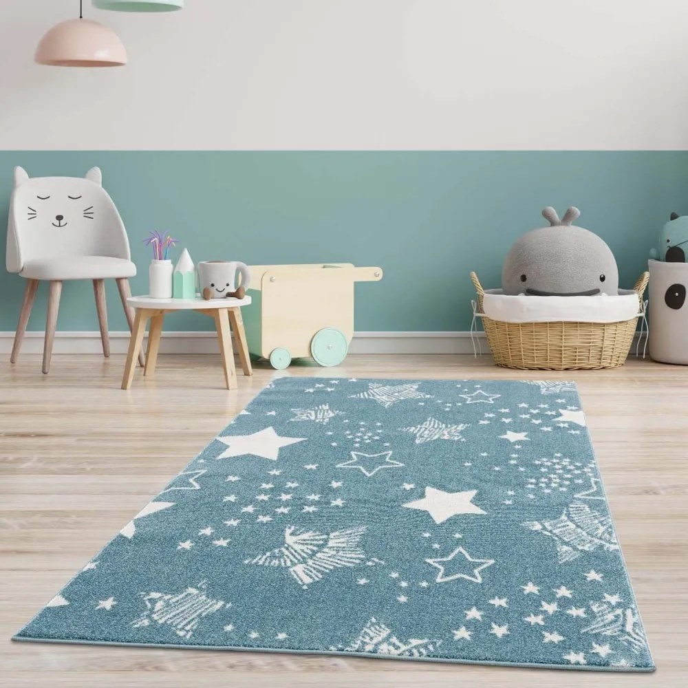Covor albastru original cu stele, potrivit pentru camera copiilor Lăţime: 140 cm | Lungime: 200 cm