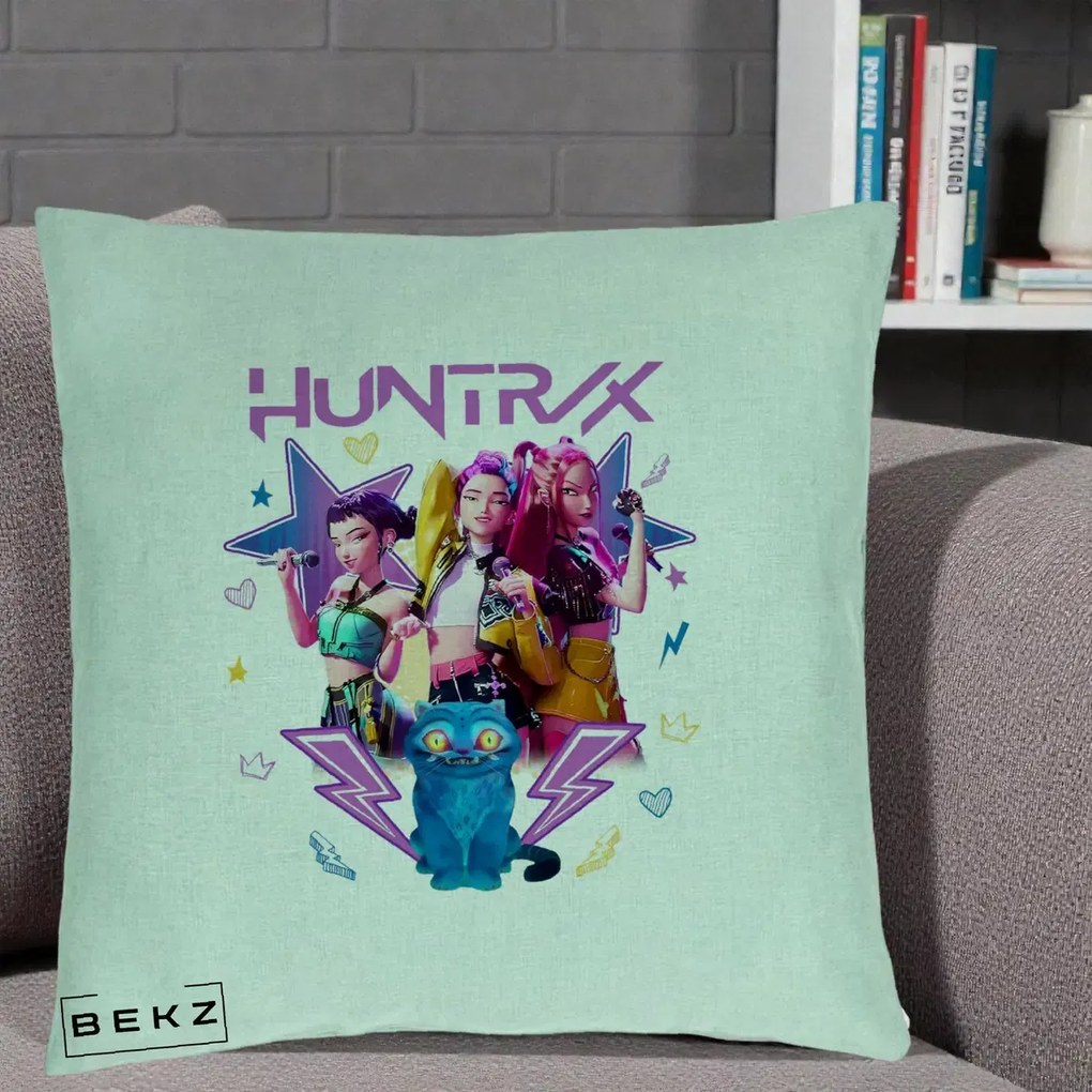 Perna Personalizata K-pop HUNTRX Trio 3D cu Pisica Fulgere, 40x40 cm, Verde Menta, Husa Detasabila, Perna Inclusa, BEKZ®