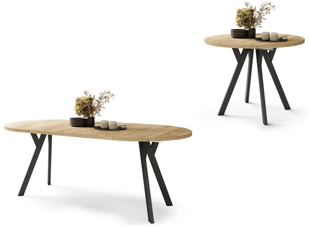 Mazzoni ALDO Stejar Craft Auriu/picioare negre - MASĂ ROTUNDĂ STIL LOFT PENTRU SALON/SUFRAGERIE EXTENSIBILĂ CU PICIOARE ÎN FORMĂ DE "Y"
