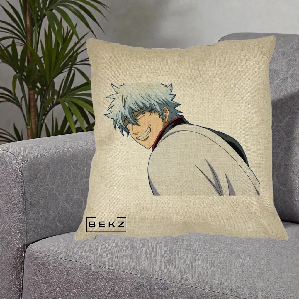 Perna Personalizata Gintama Gintoki Portret cu Zambet, 40x40 cm, Crem, Husa Detasabila, Perna Inclusa, BEKZ®