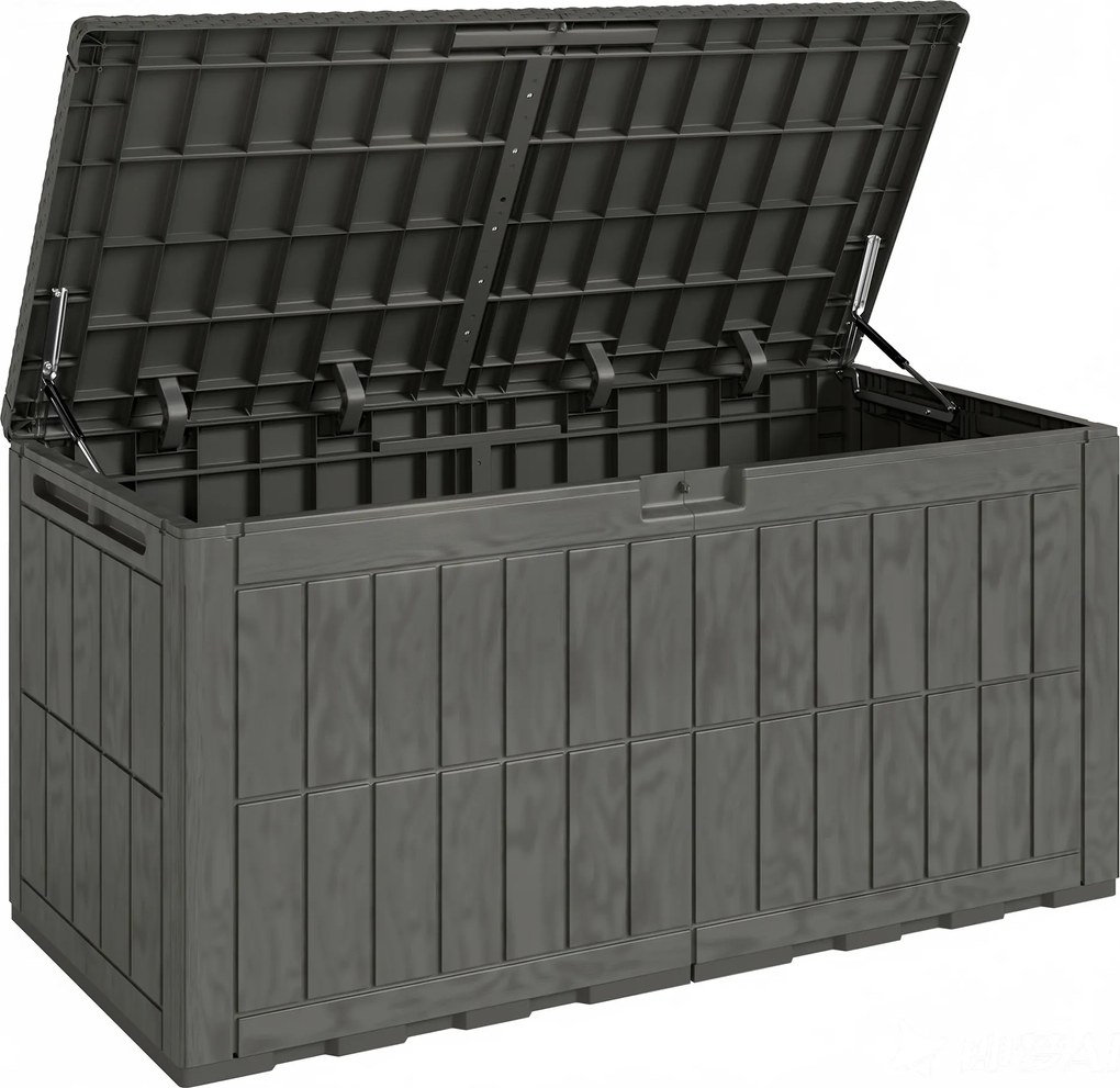 Outsunny Cufăr Exterior Capacitate 440 L din Rășină Rezistentă la Apă și Razele UV cu Capac Blocabil Bare cu Gaz Cafeniu | Aosom Romania