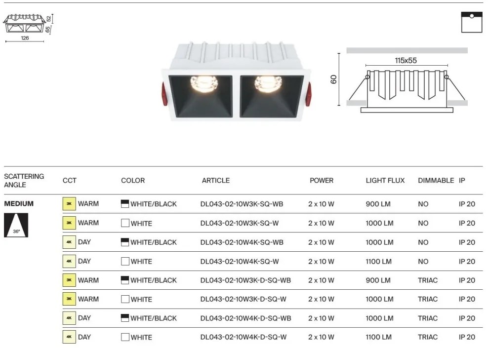 Spot LED incastrabil dimabil cu 2 surse de iluminat Alpha alb, 3000K