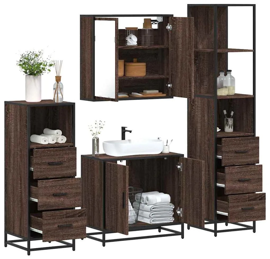 vidaXL Set de mobilier de baie din 4 piese din lemn de stejar maro