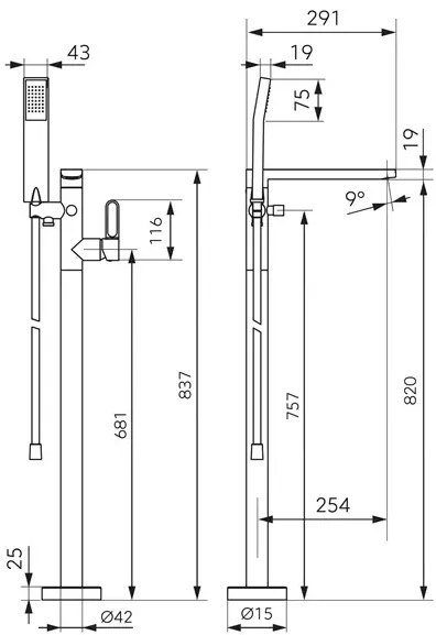 Baterie cada freestanding, neagra cu finisaj roz auriu, Zaffiro FDesign