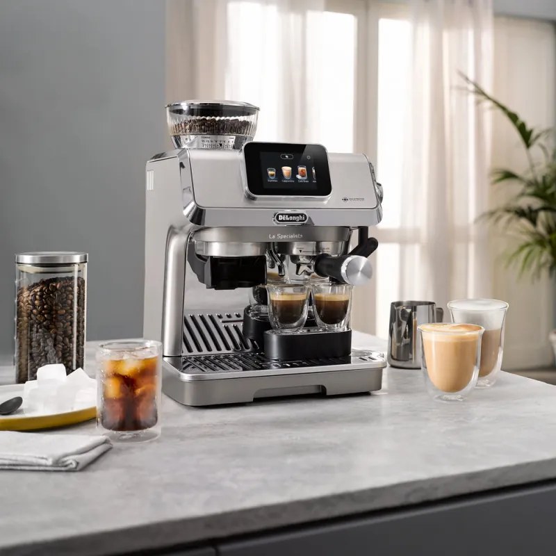 Mașină de espresso DeLonghi EC9455.M La Specialista Touch, 1450 W, 19 bari, 1,7 l, 4 viteze, 5 niveluri de spumare, 15 setări de măcinare, preparare la rece, adaptor pentru boabe, ecran tactil, oțel inoxidabil