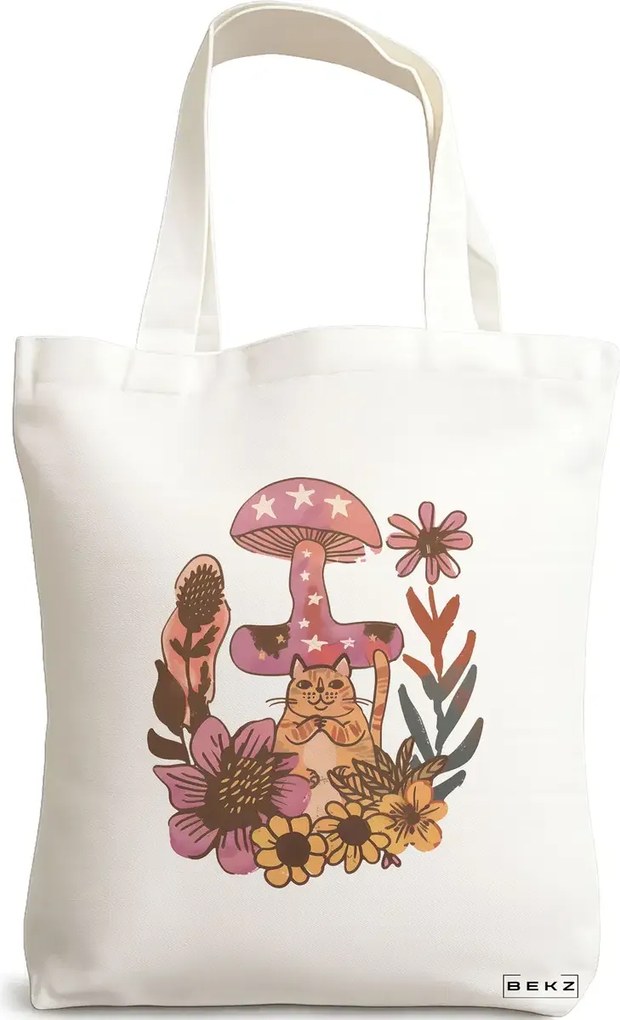 Sacosa de Panza pentru Cumparaturi, Geanta Tote Colorful Mushrooms 7, 38x34.5 cm, Alba, BEKZ®