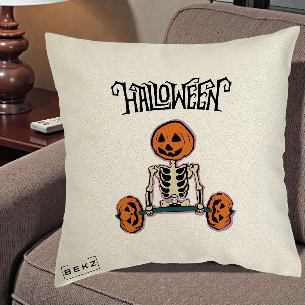 Perna Decorativa Halloween Schelet cu Cap de Dovleac Powerlifting, 40x40 cm, Ecru, Husa Detasabila, Perna Inclusa, BEKZ®