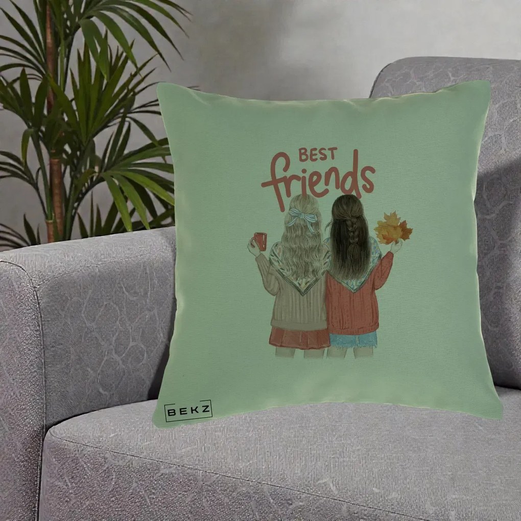 Cadou pentru Prieteni - Perna Personalizata Best Friends Toamna, 40x40 cm, Verde, Husa Detasabila, Perna Inclusa, BEKZ®