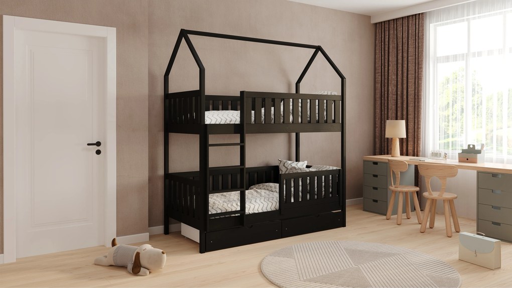 Pat Nemos pentru copii supraetajat tip căsuță – Culoare Negru, 80x180