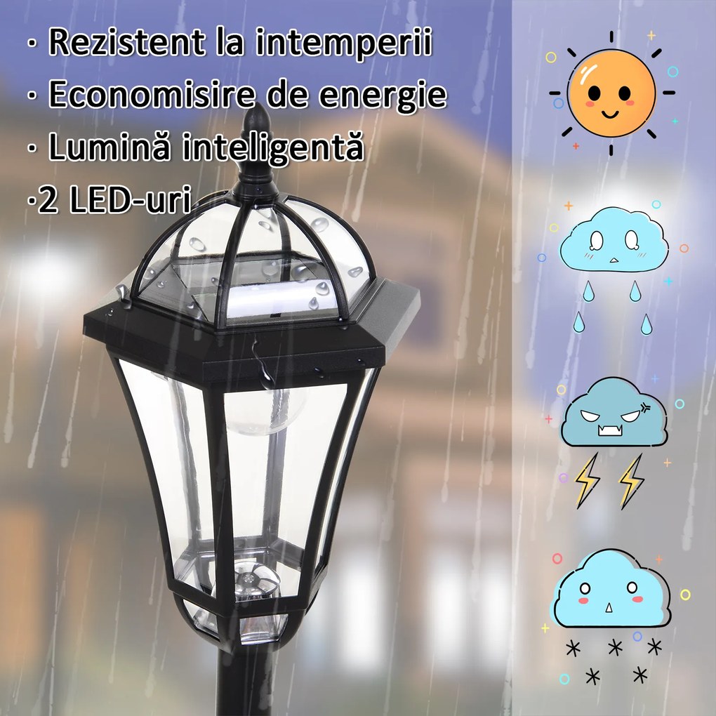 Outsunny Set 2 Lampi Solare de Gradina, Lumini de Exterior Solare cu 2 LED, Aprindere Automata si Durata 6 Ore, Negru | Aosom Romania