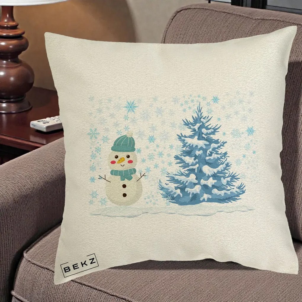 Perna Decorativa Om de Zapada si Brad Craciun, 40x40 cm, Ecru, Husa Detasabila, Perna Inclusa, BEKZ®