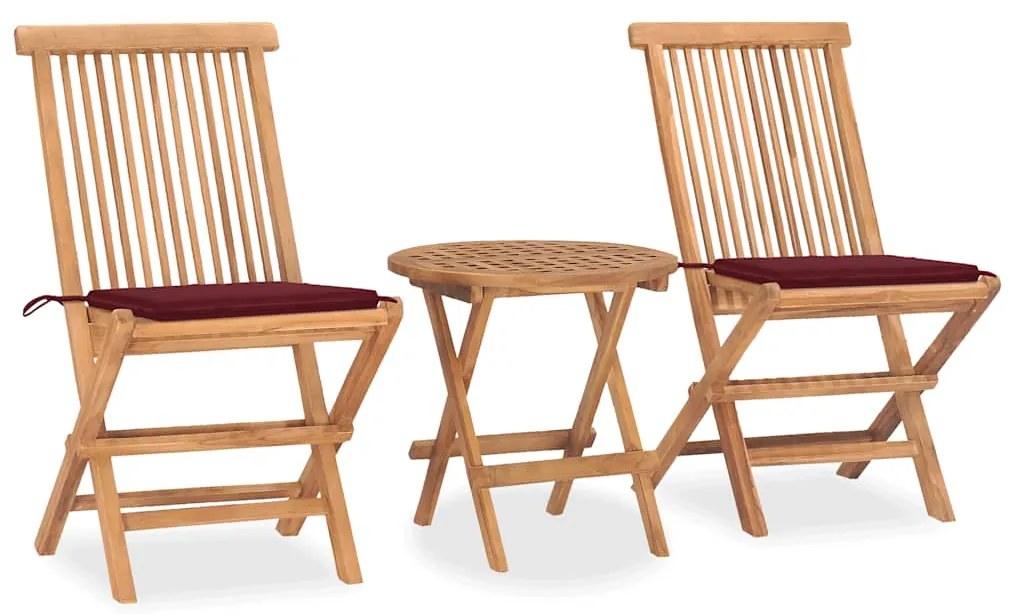 vidaXL Set mobilier exterior pliabil cu perne, 3 piese, lemn masiv tec