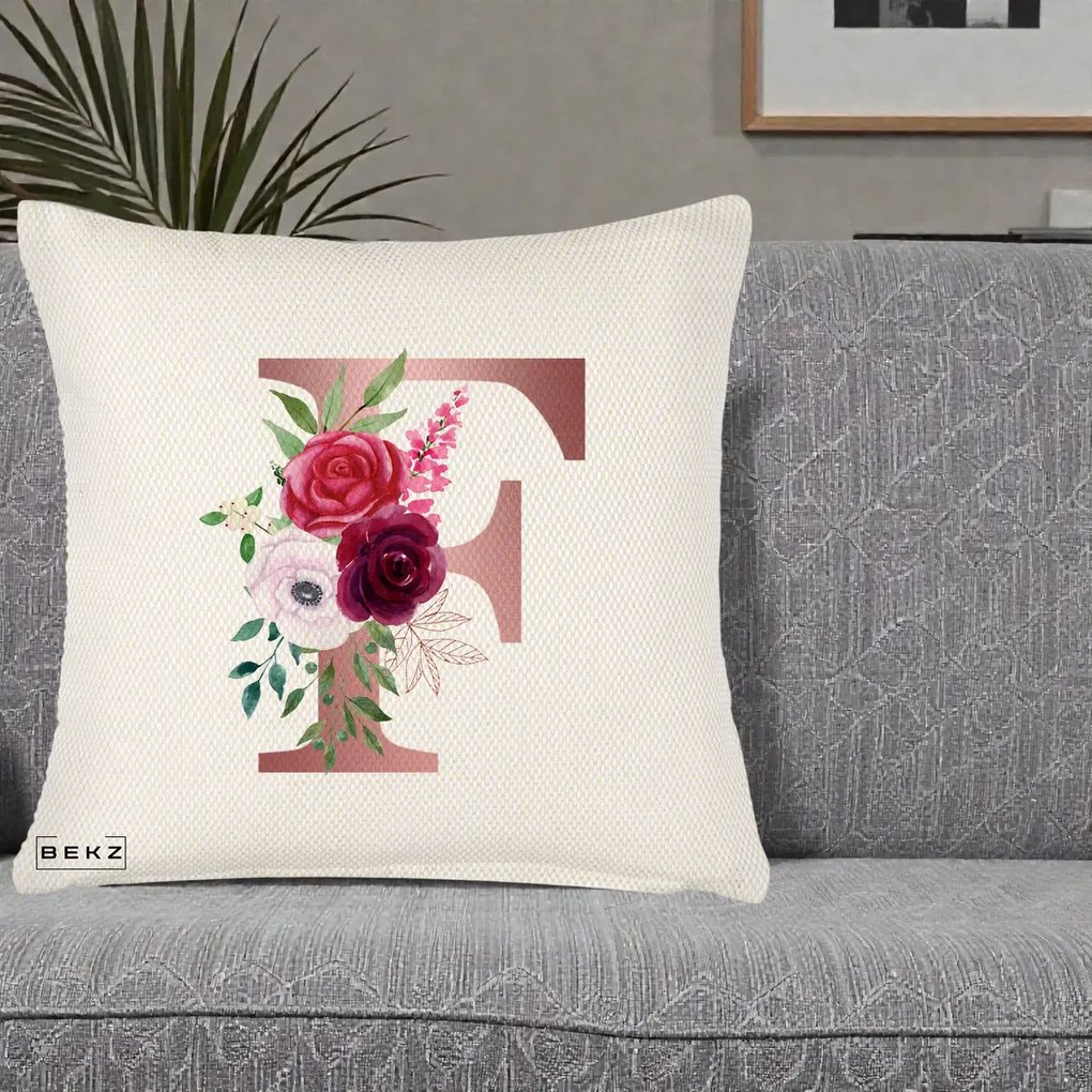 Cadou Personalizat - Perna Personalizata Monograma Rose Gold Litera F, 40x40 cm, Crem Reliefat, Husa Detasabila, Perna Inclusa, BEKZ®