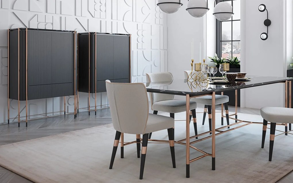 Bufet lemn masiv Înalt Calista Negru-Rose Gold L 104 x A 50 x H 150 cm - Marmura naturala