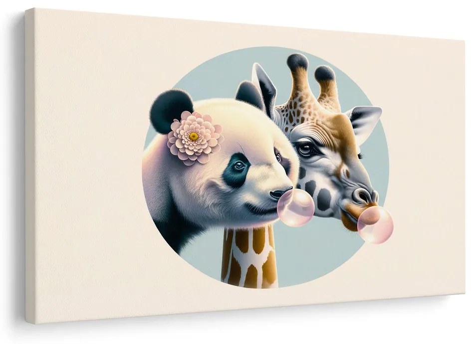 Tablou panda și girafă cu balon de gumă