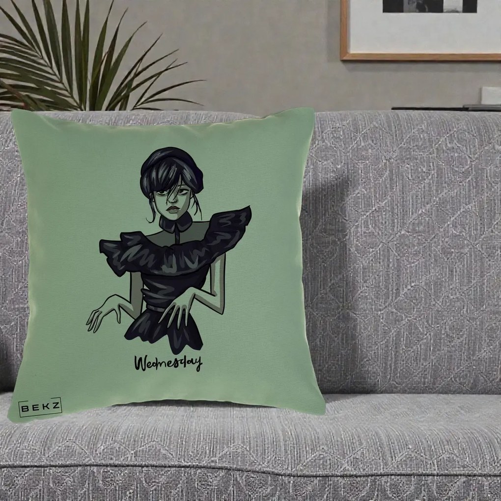 Perna Personalizata Wednesday Addams Dans Gotic, 40x40 cm, Verde, Husa Detasabila, Perna Inclusa, BEKZ®