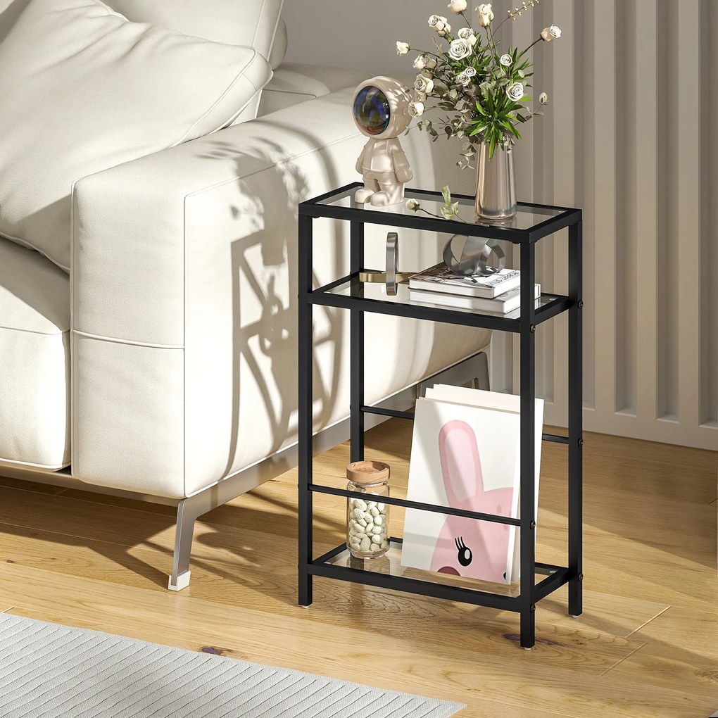 HOMCOM Măsuță de Cafea cu 3 Rafturi din Sticlă și Oțel 40x18x62 cm Negru | Aosom Romania