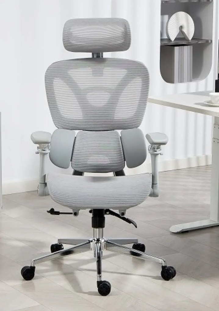 METACHAIR DORO Scaun ergonomic, cotiere 6D, suport lombar dinamic, spătar reglabil înălțime, tetieră 2D, mecanism multifunctional inclinare/blocare, pivotant, Mesh, Gri