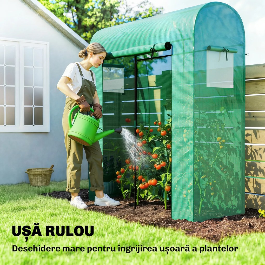 Outsunny Sera de Balcon cu Ușă și Ferestre Rulante, Sera pentru Grădină cu Structură din Oțel și Acoperiș PE, pentru Plante, Legume, Flori, Fructe, Anti UV, 170x68x200 cm, Verde | Aosom Romania