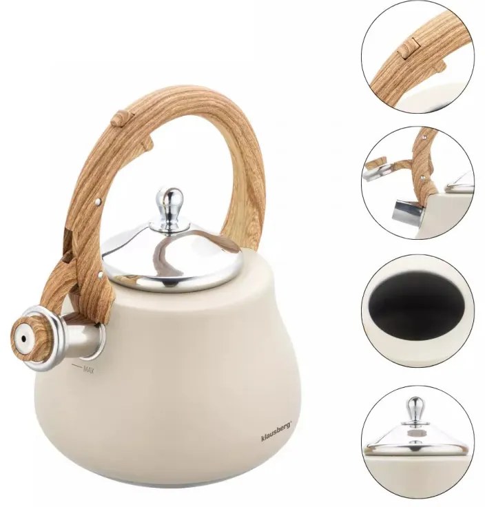 Ceanic cu fluier Klausberg KB 7919, 2,8 l, Maner izolat termic, Inductie, Bej