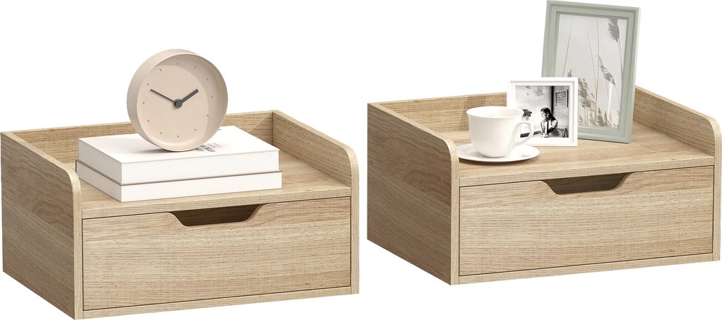 HOMCOM Set de 2 Noptiere de Perete Noptiere Suspendate cu 1 Sertar pentru Dormitor Cameră 40x30x19,5 cm Lemn Natural | Aosom Romania
