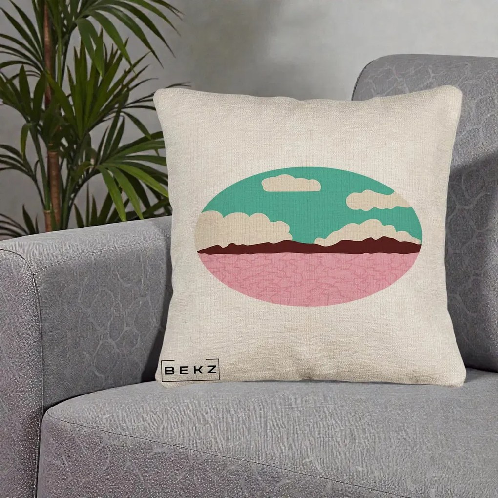 Perna Decorativa Peisaj Desert Oval Pastel, 40x40 cm, Bej Canapea, Husa Detasabila, Perna Inclusa, BEKZ®
