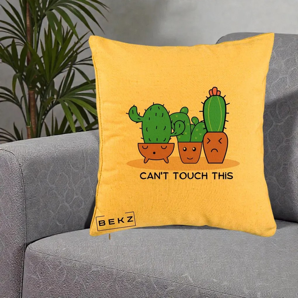 Perna Decorativa Cactus Funny Can't Touch This, 40x40 cm, Galben, Husa Detasabila, Perna Inclusa, BEKZ®