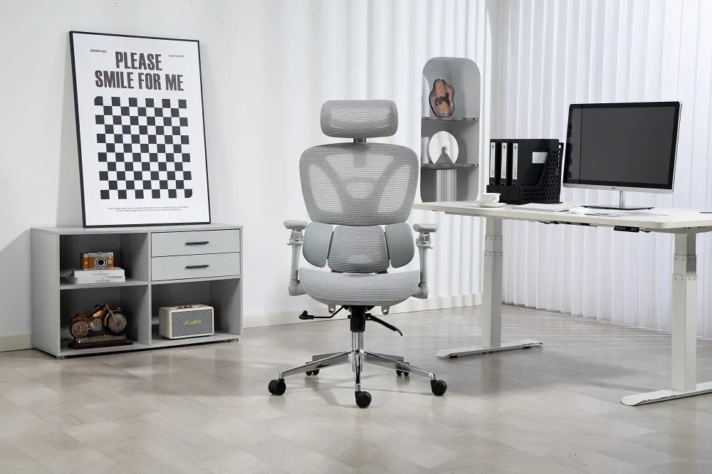 RESIGILAT- METACHAIR DORO Scaun ergonomic, cotiere 6D, suport lombar dinamic, spătar reglabil înălțime, tetieră 2D, mecanism multifunctional inclinare/blocare, pivotant, Mesh, Gri