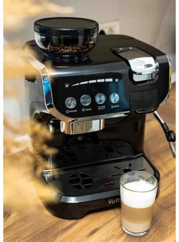 Espressor cu cafea boabe si capsule Oliver Voltz OV51171L8M, 2672W, 2 L, 5 adaptoare, 19 bar, Rasnita incorporata, Negru