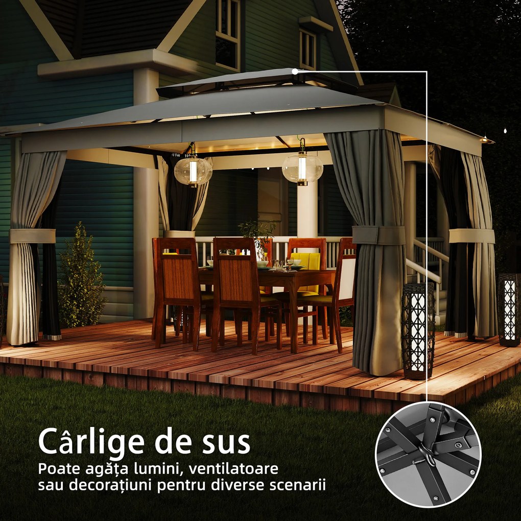 Outsunny Pavilion de Grădină 3,8x3 m cu Perdele, Plasă de Țânțari, Cârlige, Pavilion de Exterior cu Acoperiș Dublu, Orificii de Drenaj, Structură Metalică, pentru Grădină, Terasă, Petreceri, UV30+, Gri Închis | Aosom Romania