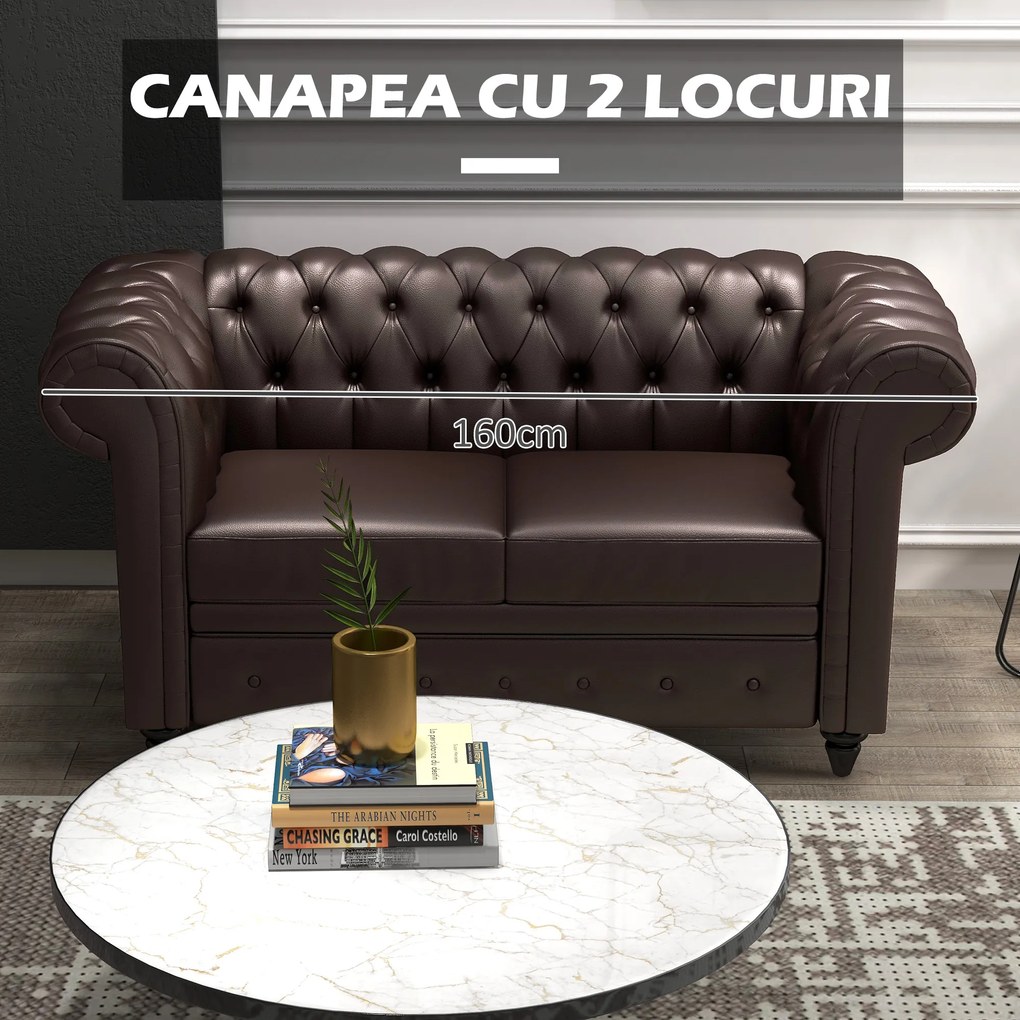 HOMCOM Canapea cu 2 locuri in stil Chesterfield din piele ecologica, lemn si metal, canapea clasica cu perna detasabila, 160x84x80 cm, maro