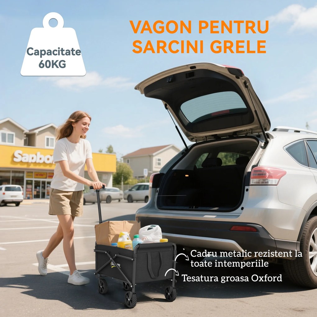 Outsunny Cărucior de Grădină Pliabil Compact, Cărucior Robust Multifuncțional pentru Exterior cu Roți Universale și Mâner Reglabil, pentru Sport, Camping, Cumpărături, Negru | Aosom Romania