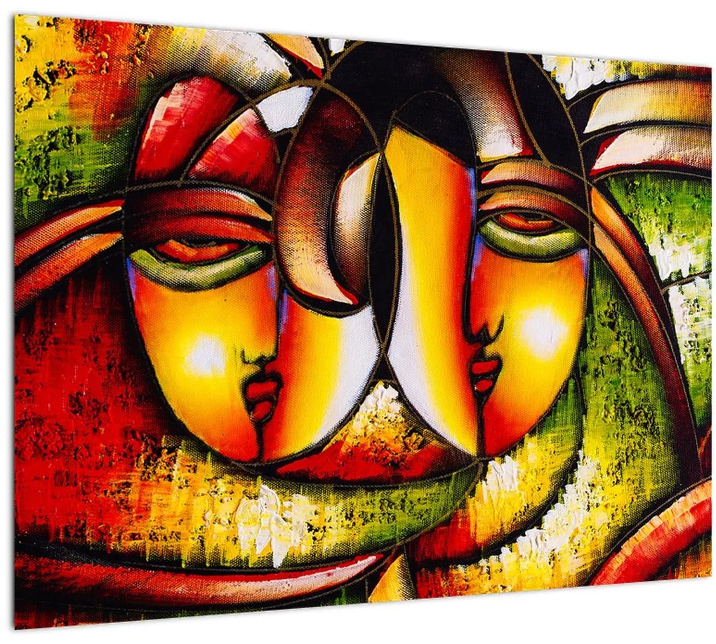 Tablou pe sticlă - Pictură în ulei, chipuri abstracte (70x50 cm)