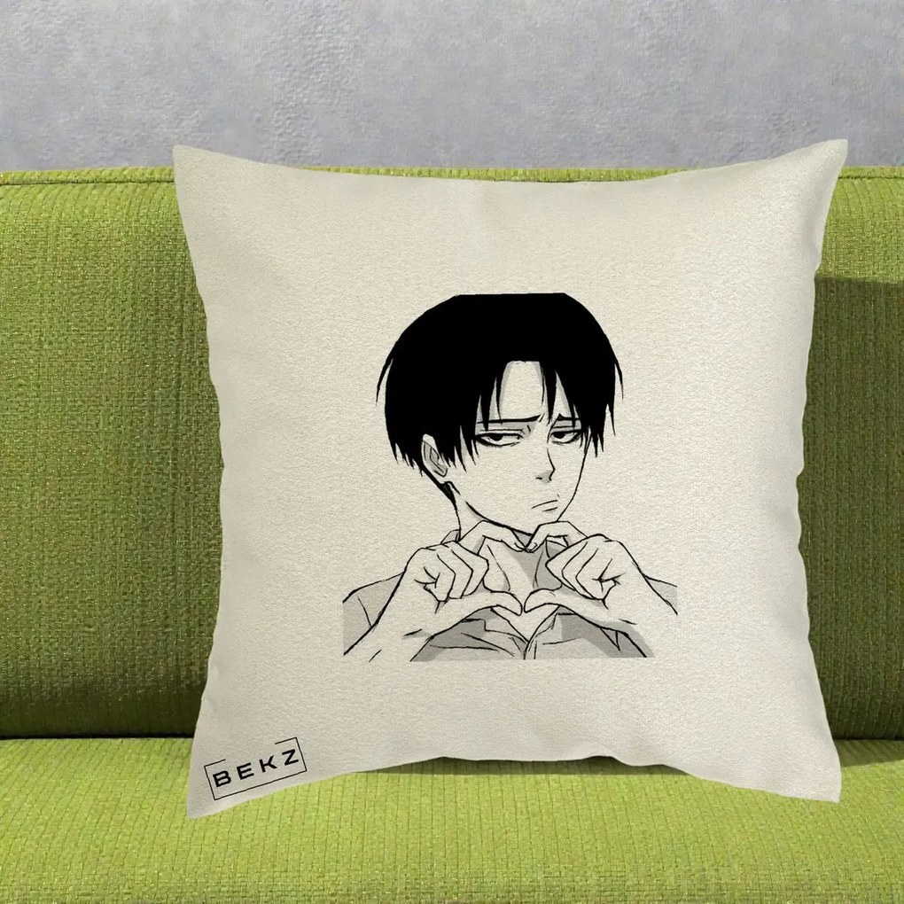 Perna Personalizata Levi Ackerman Inima, 40x40 cm, Ecru, Husa Detasabila, Perna Inclusa, BEKZ®