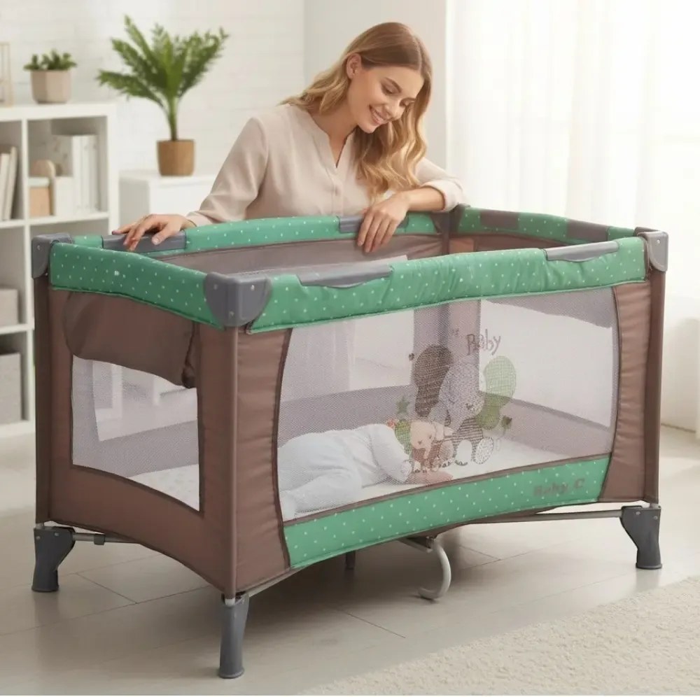 Patut Pliabil si Tarc copii Baby Care™ PRO FMG, 120X60 cm, 2 Niveluri de inaltime, Cu geanta transport inclusa, Plasa insecte, Maron cu Verde