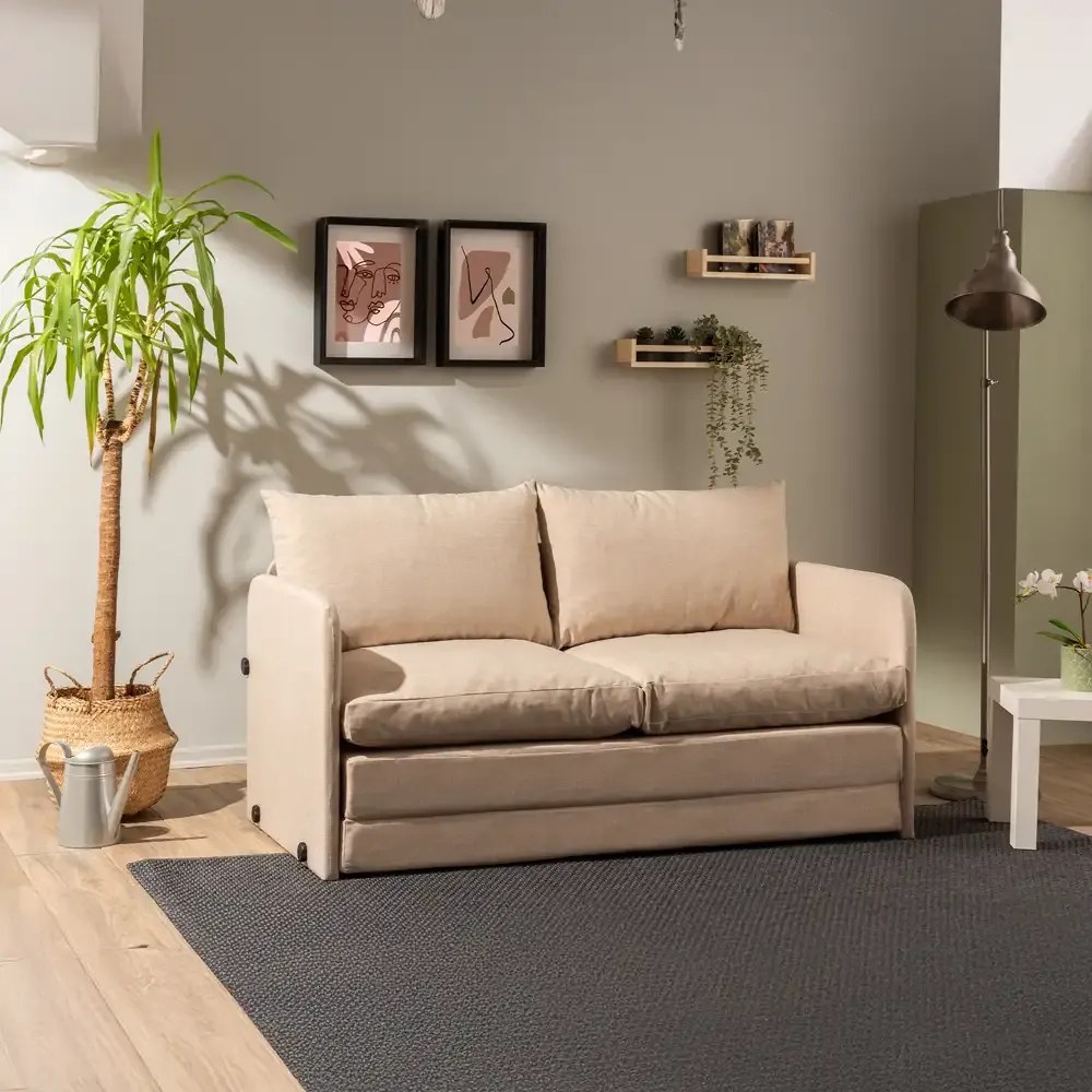 Canapea extensibila 2 locuri moderna, 200x148 cm – stofa bej – Saga