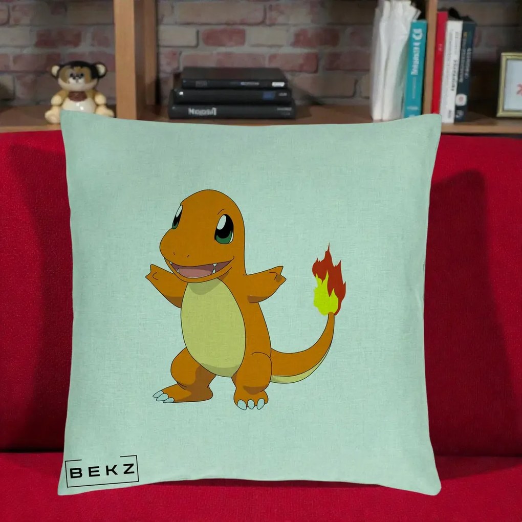 Perna Personalizata Charmander Pokemon, 40x40 cm, Verde Menta, Husa Detasabila, Perna Inclusa, BEKZ®