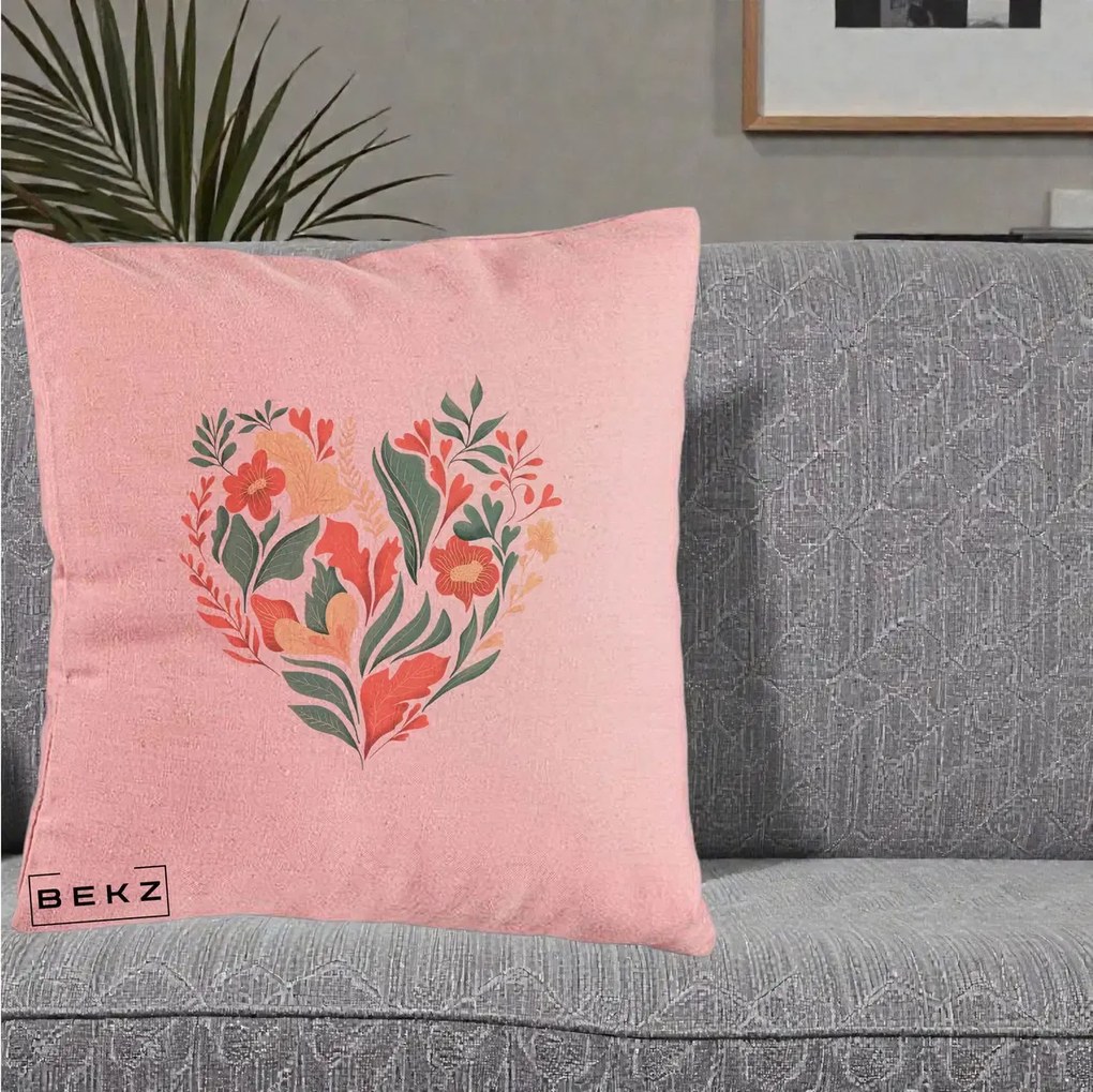 Perna Decorativa Inima Florala Botanica, 40x40 cm, Roz, Husa Detasabila, Perna Inclusa, BEKZ®