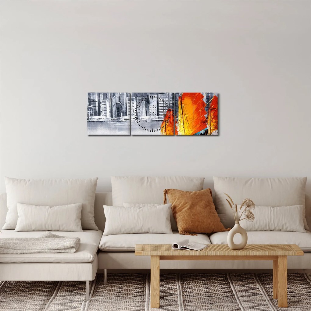 Tablou - Victoria Harbour, Hong Kong, pictură în ulei alb- negru (cu ceas) (90x30 cm)