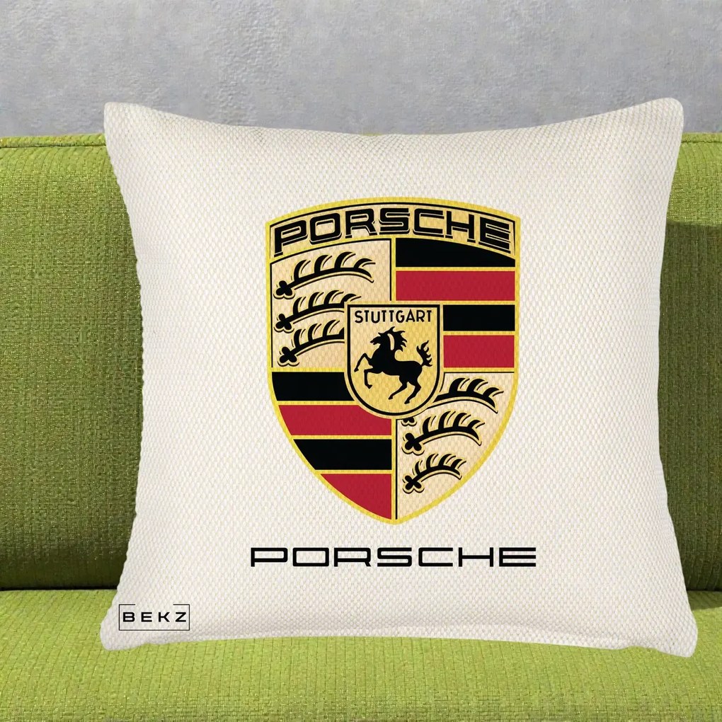 Perna Personalizata Porsche Stuttgart, 40x40 cm, Crem Reliefat, Husa Detasabila, Perna Inclusa, BEKZ®