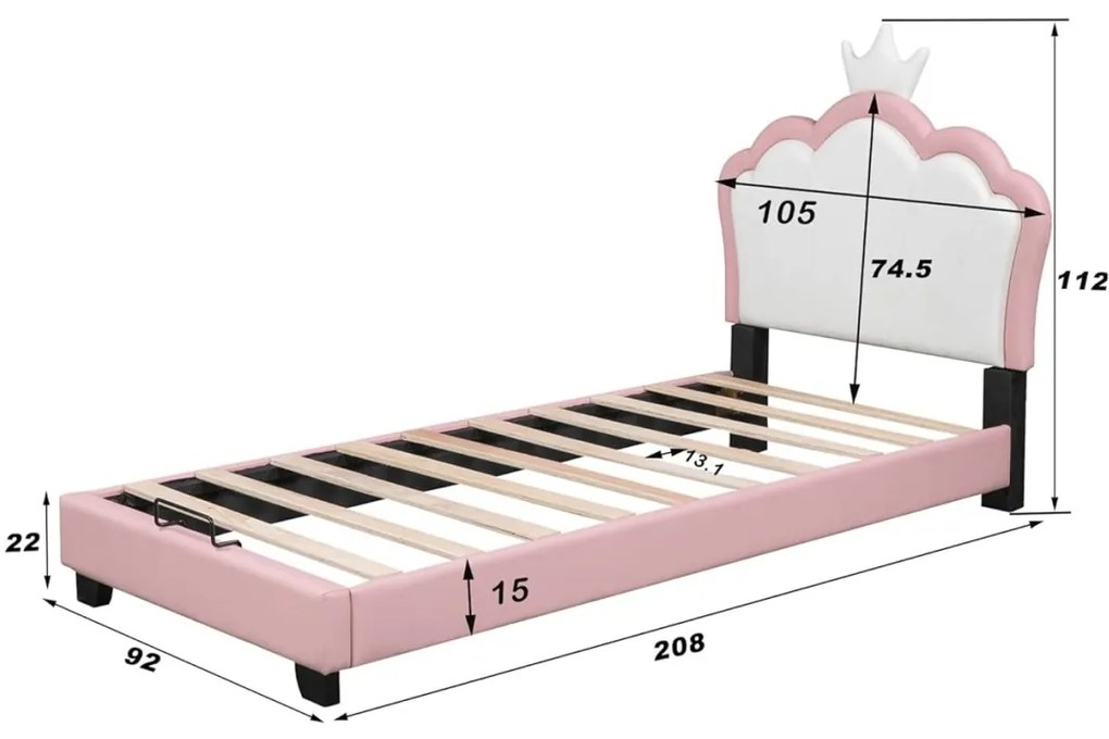 PARC207 - Pat tapitat 90 / 140 x 200 cm - patut copii, fetite - Piele ecologica Alb - Roz