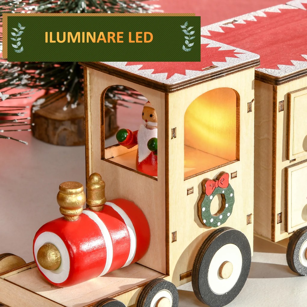 Calendar de Craciun, calendar advent in forma de tren cu Mos Craciun si lumina LED inclusa, lemn HOMCOM | Aosom Romania