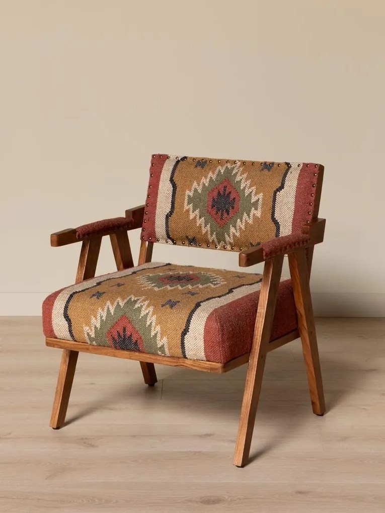 Fotoliu kilim din iută naturala si lana cu structura din lemn de mango, 76×65×65 cm, „Mandjaro"