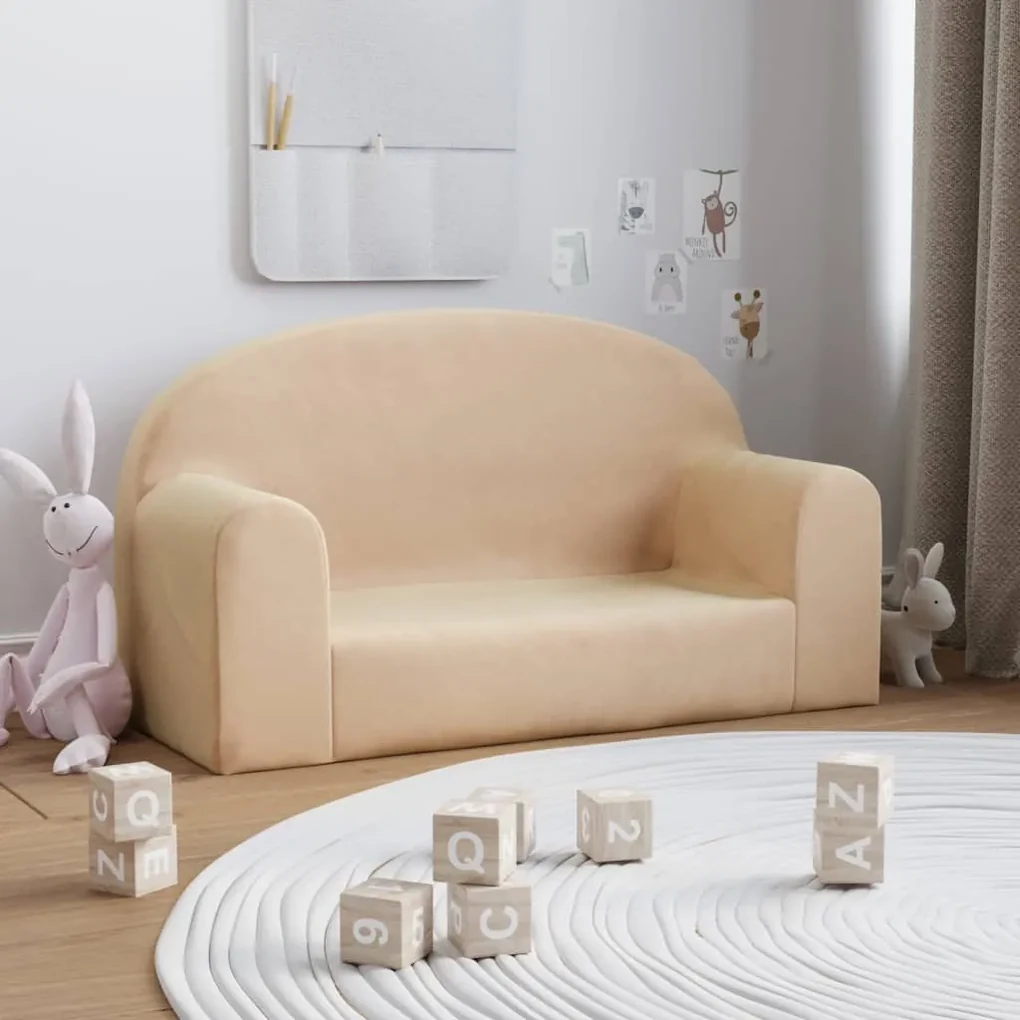 341794 vidaXL Canapea pentru copii cu 2 locuri, crem, pluș moale