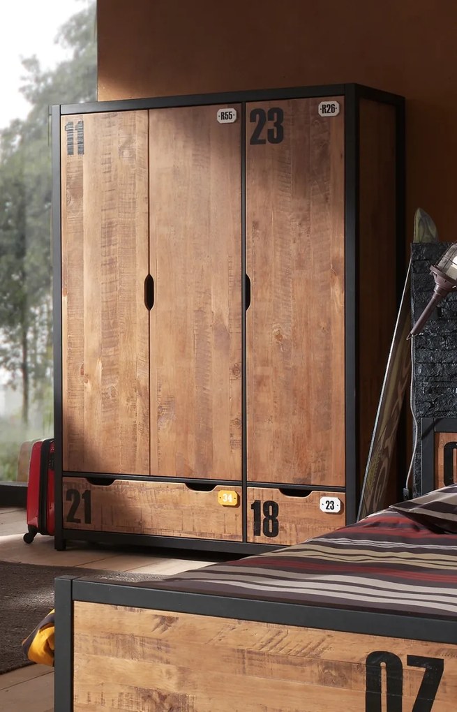 Dulap Copii ALEX cu 3 Uși, Pin Masiv, Rafturi și Sertare, Design Industrial – Vipack