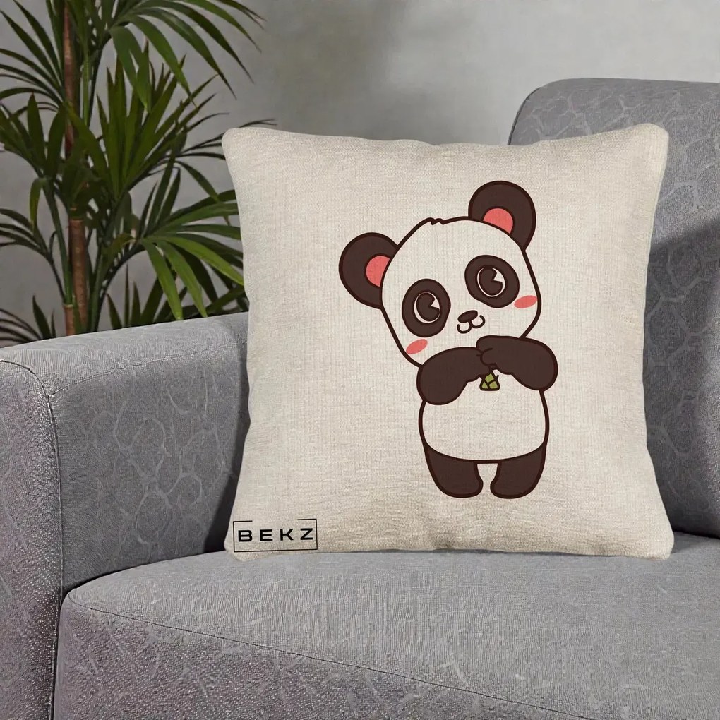 Perna Personalizata Panda Kawaii cu Bambus, 40x40 cm, Bej Canapea, Husa Detasabila, Perna Inclusa, BEKZ®