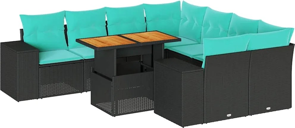 vidaXL Set mobilier de grădină cu perne, 9 piese, negru, poliratan