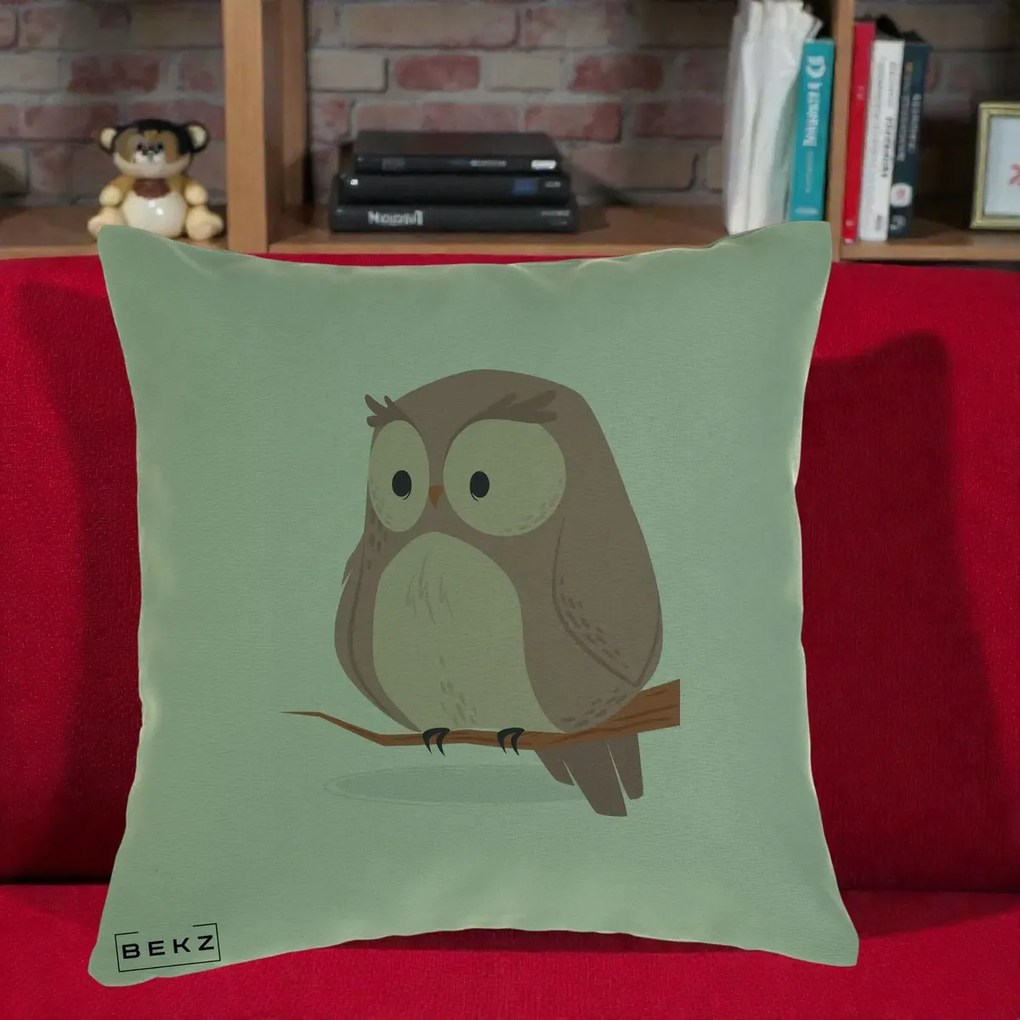 Perna Decorativa Bufnita Kawaii pe Creanga, 40x40 cm, Verde, Husa Detasabila, Perna Inclusa, BEKZ®